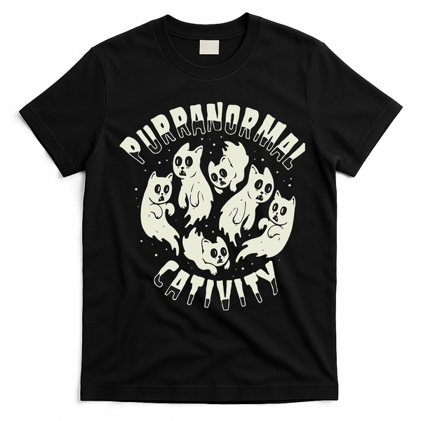 Spooky Ghost Cat Paranormal Funny Activity T-Shirt - Black
