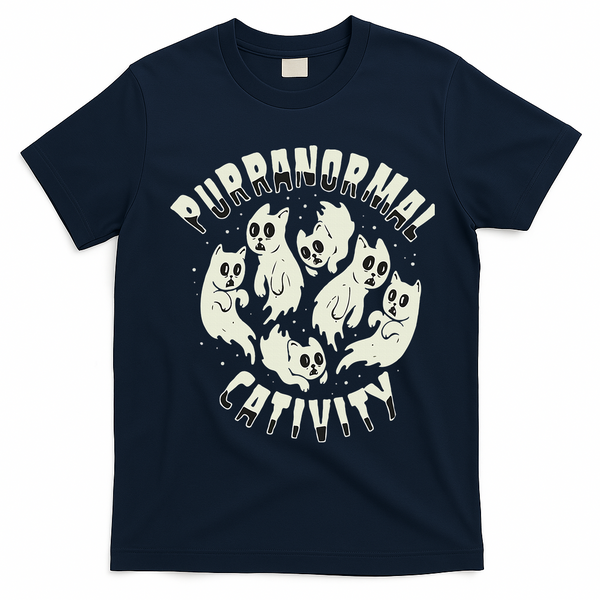 Spooky Ghost Cat Paranormal Funny Activity T-Shirt - Navy Blue
