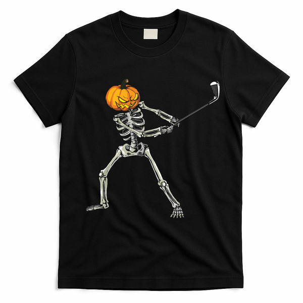 Skeleton Golf Halloween Pumpkin Golfing Golfer T-Shirt - Black
