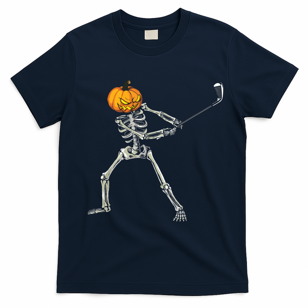 Skeleton Golf Halloween Pumpkin Golfing Golfer T-Shirt - Navy Blue