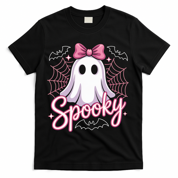 Spooky Ghost Pink Coquette Halloween Cute T-Shirt - Black