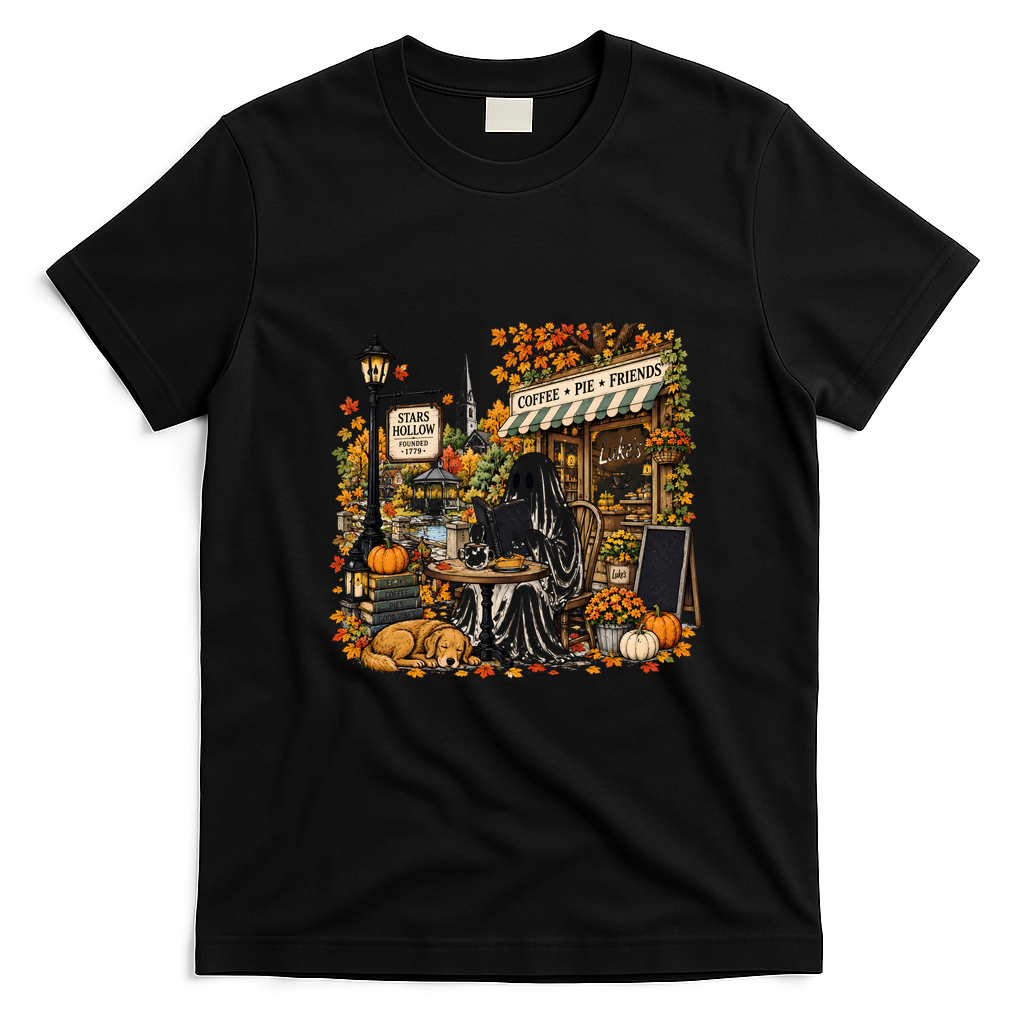 Stars Hollow Coffee Shop Ghost Reading Autumn Fall Vibes T-Shirt - Black