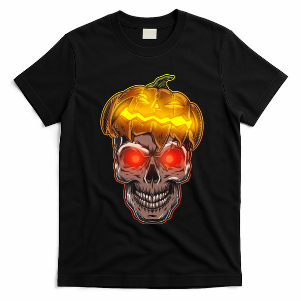 Spooky Halloween Glowing Pumpkin Skull Face T-Shirt - Black