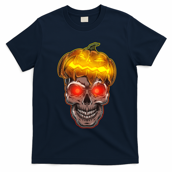 Spooky Halloween Glowing Pumpkin Skull Face T-Shirt - Navy Blue