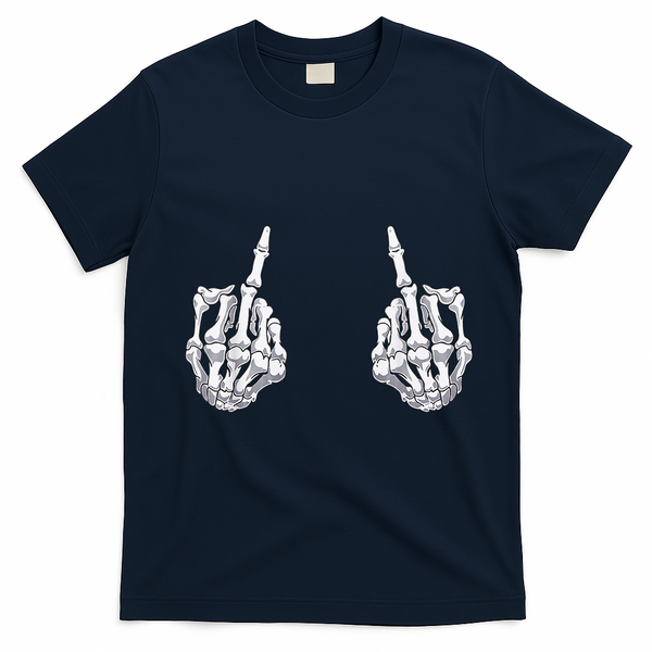 Skeleton Hand Halloween Bones Middle Finger Skull T-Shirt - Navy Blue