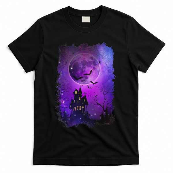 Spooky Halloween Haunted House Bats & Blood Moon Scene T-Shirt - Black