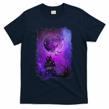 Spooky Halloween Haunted House Bats & Blood Moon Scene T-Shirt - Navy