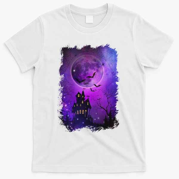 Spooky Halloween Haunted House Bats & Blood Moon Scene T-Shirt - White