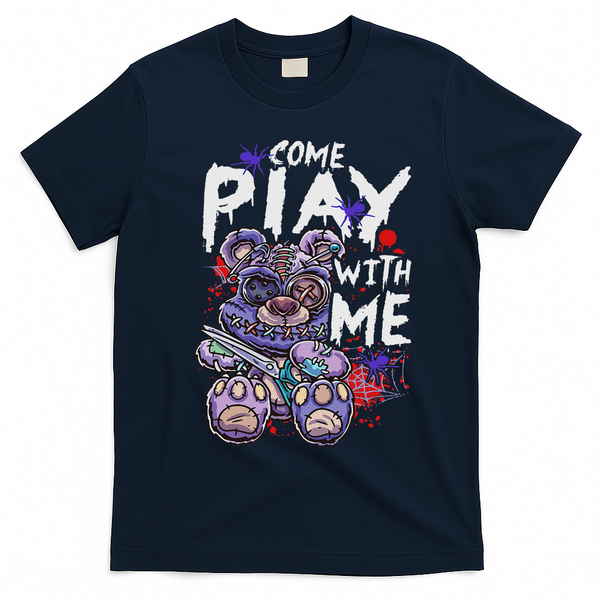 Scary Killer Teddy Bear Pastel Goth Style Creepy Kawaii T-Shirt - Navy Blue