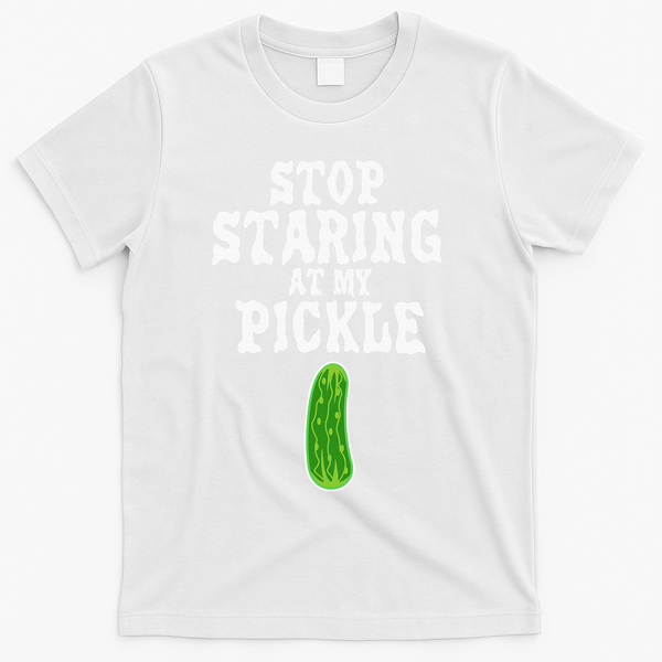 Stop Staring At My Pickle Costume Funny Easy Halloween Gift T-Shirt - White