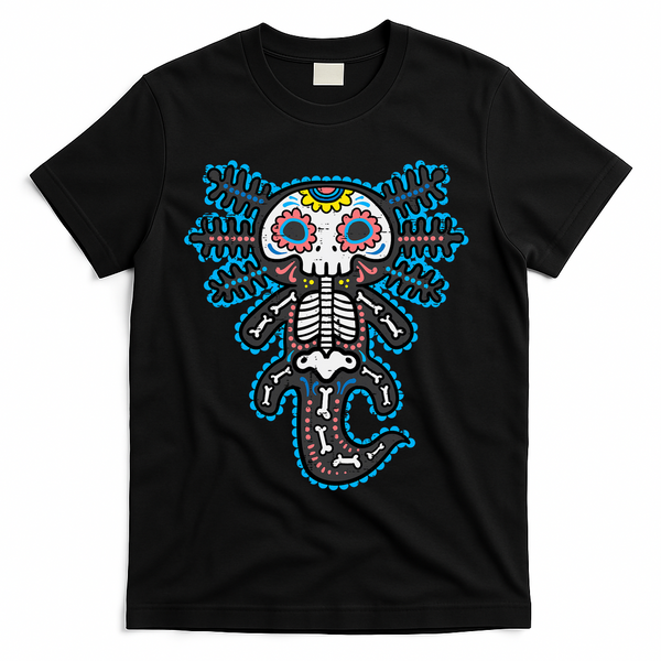Sugar Skull Axolotl Skeleton Halloween Dia De Los Muertos  T-Shirt - Black