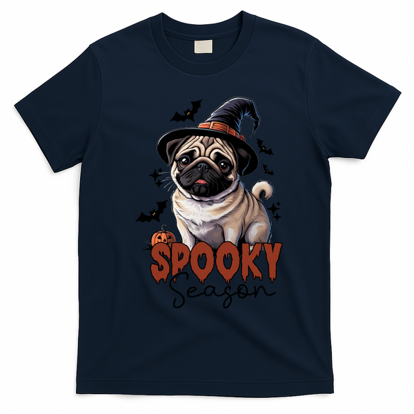 Spooky Season Cute Pug Halloween Graphic T-Shirt - Navy Blue