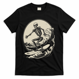 Skeleton Surfer Vintage Big Wave Surfing Funny Halloween T-Shirt - Black