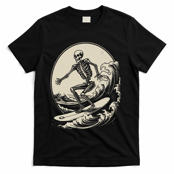 Skeleton Surfer Vintage Big Wave Surfing Funny Halloween T-Shirt - Black