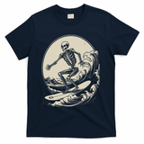 Skeleton Surfer Vintage Big Wave Surfing Funny Halloween T-Shirt - Navy