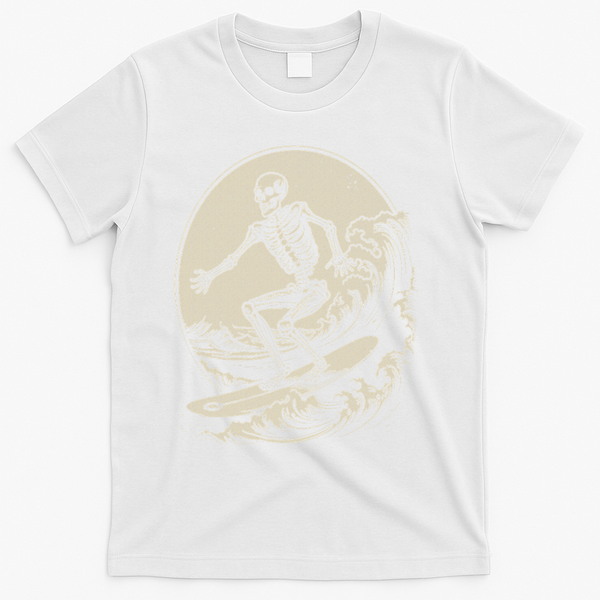Skeleton Surfer Vintage Big Wave Surfing Funny Halloween T-Shirt - White