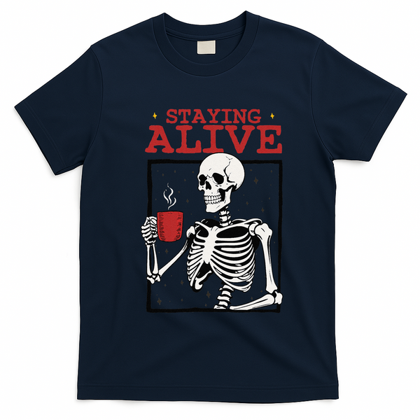 Spooky Vibe Coffee Skeleton Halloween Staying Alive Meme T-Shirt - Navy Blue
