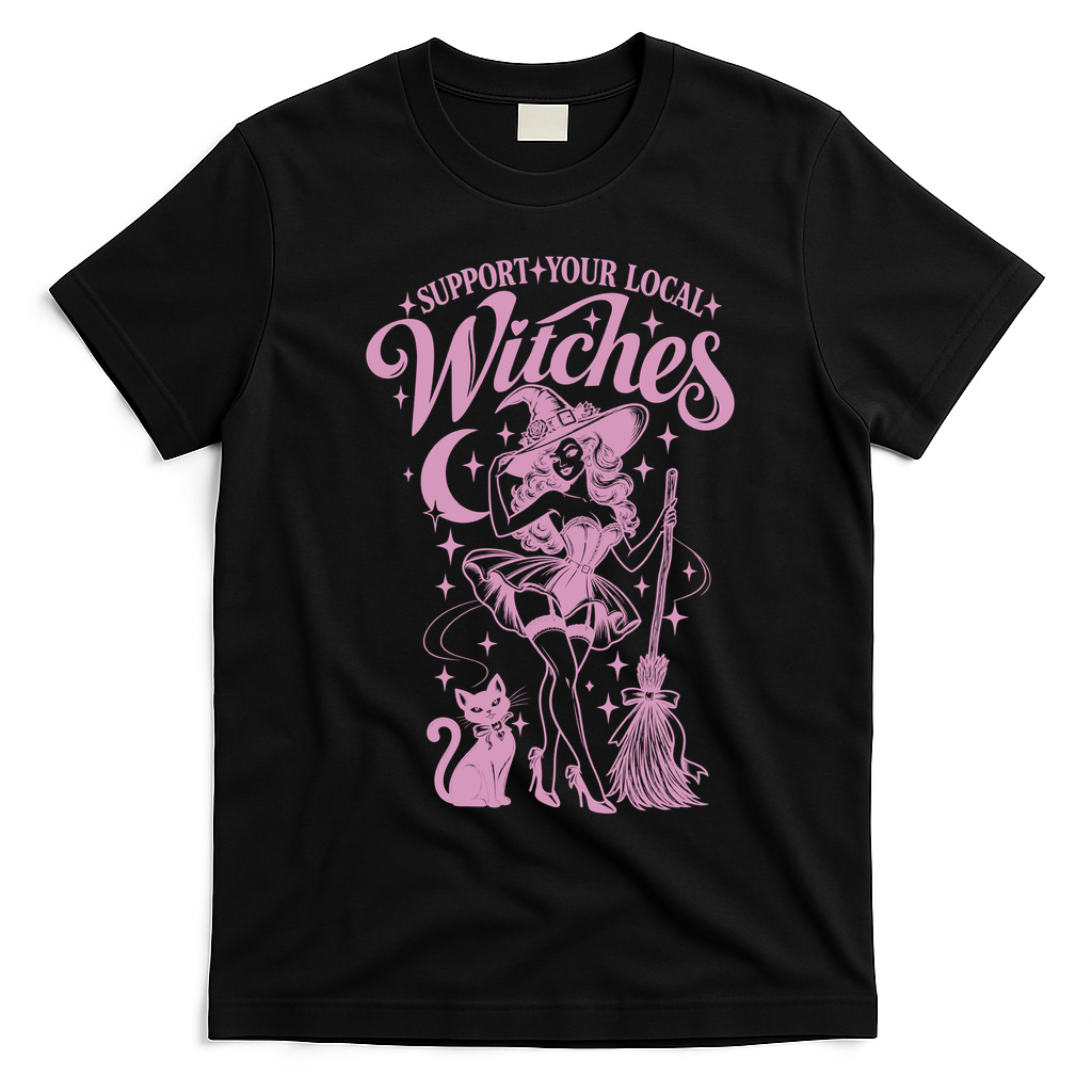 Support Your Local Witches Retro Halloween Vintage T-Shirt - Black