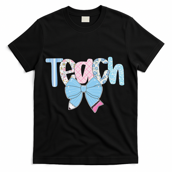 Teach Coquette Bow Teacher Happy First Day Back To School T-Shirt - Black