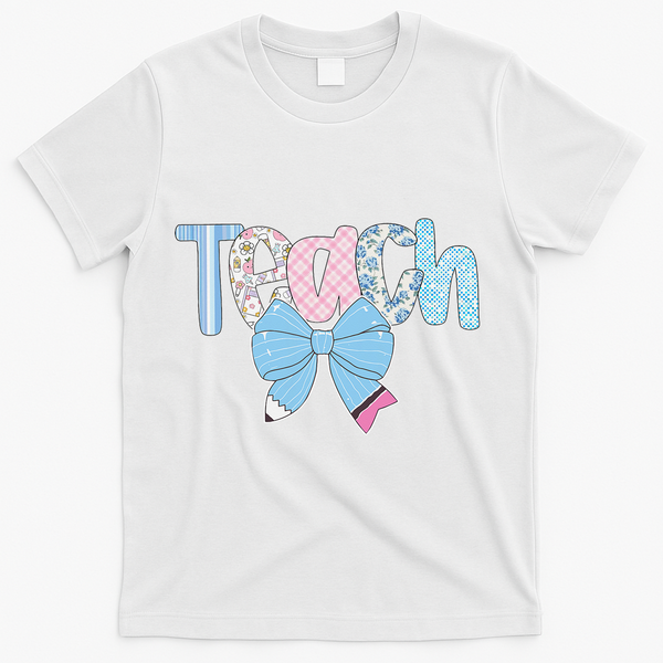 Teach Coquette Bow Teacher Happy First Day Back To School T-Shirt - White