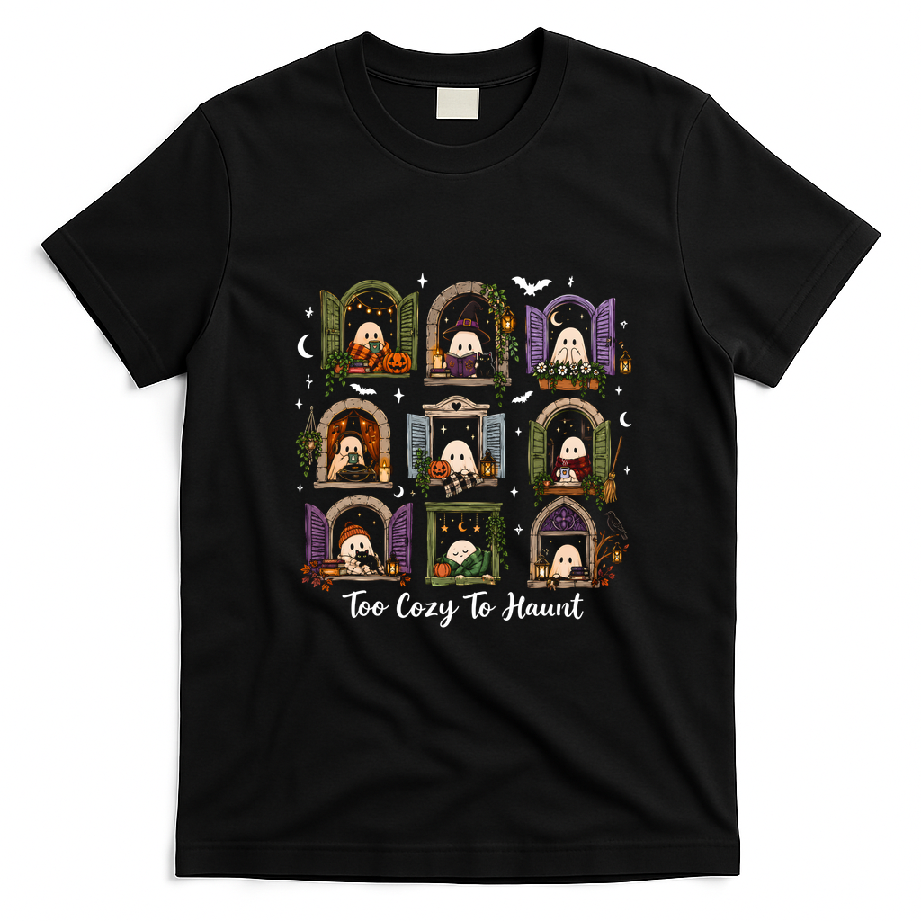 Too Cozy To Haunt Spooky Reading Ghost Halloween Bookish Fall T-Shirt - Black
