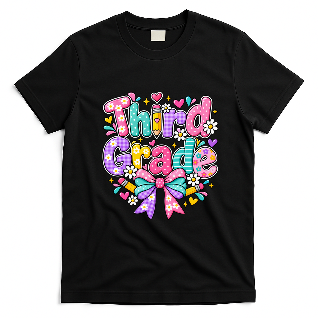 Third Grade 3rd Coquette Floral School Gift T-Shirt - Black