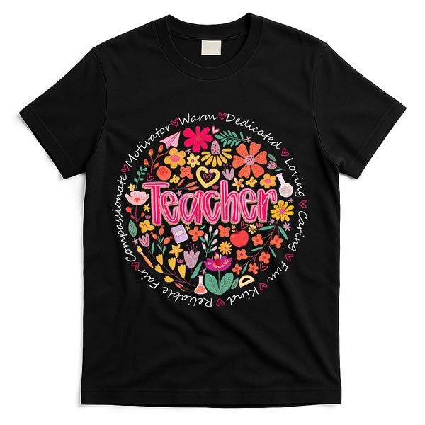 Teach Love Inspire Wildflower Teacher Funny Back To School T-Shirt - Black