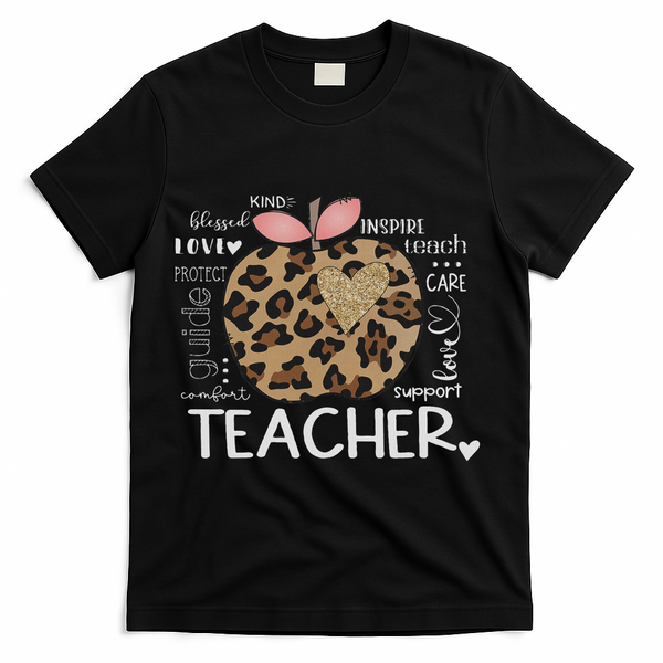 Teacher Life Leopard Apple Teacher's Day Back To School T-Shirt - Black