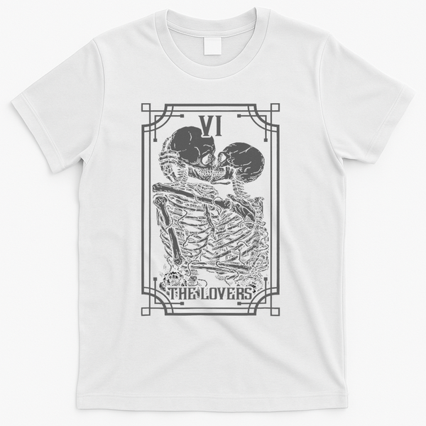The Lovers Tarot Card Goth Skull Halloween Gothic Occult T-Shirt - White