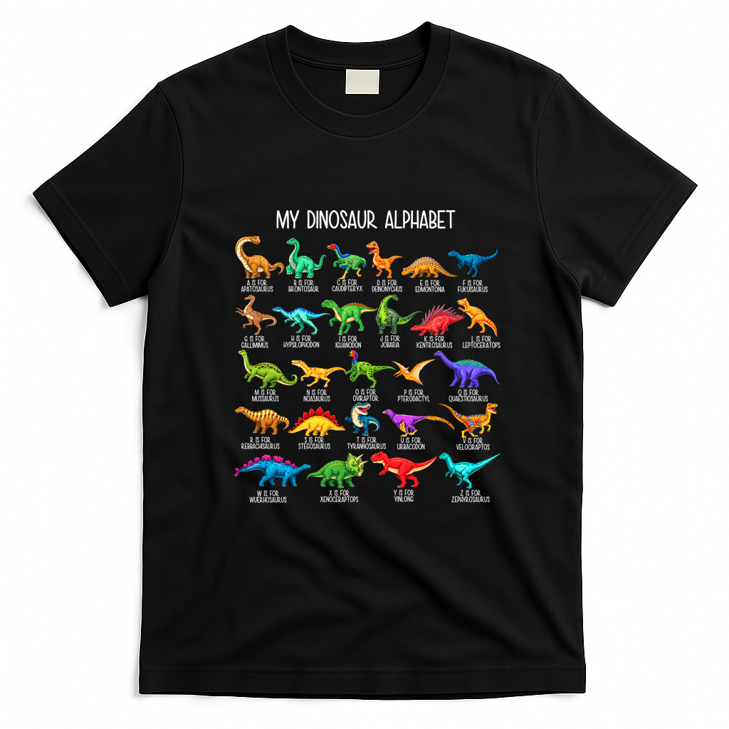 Types Of Dinosaurs Alphabet A-Z ABC Dino Identification T-Shirt - Black