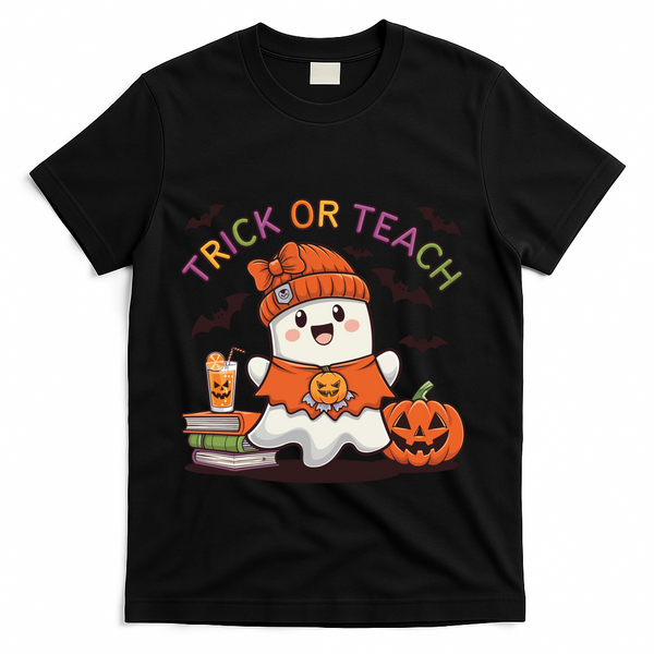 Trick Or Teach Back To School Cute Ghost Halloween Teachers Gift T-Shirt - Black