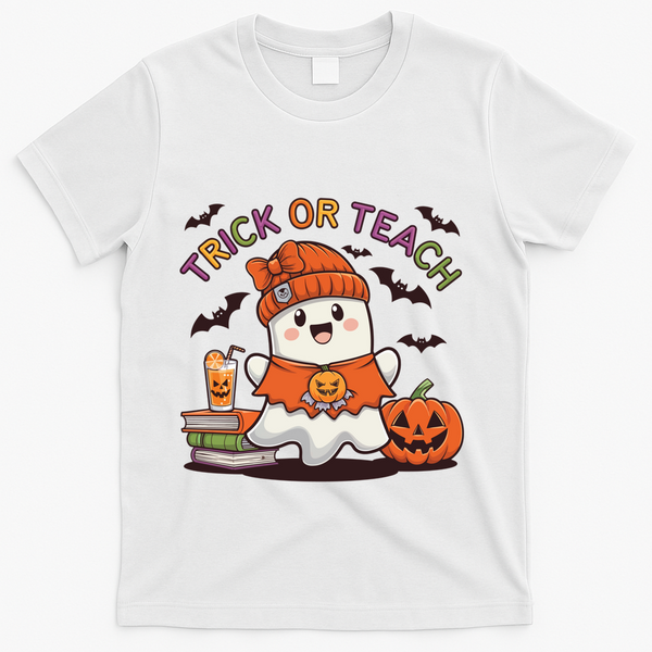 Trick Or Teach Back To School Cute Ghost Halloween Teachers Gift T-Shirt - White