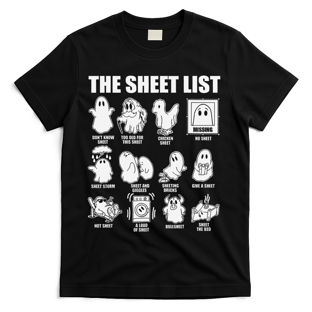 The Sheet List Halloween Funny Boo Sheet Ghost Halloween T-Shirt - Black
