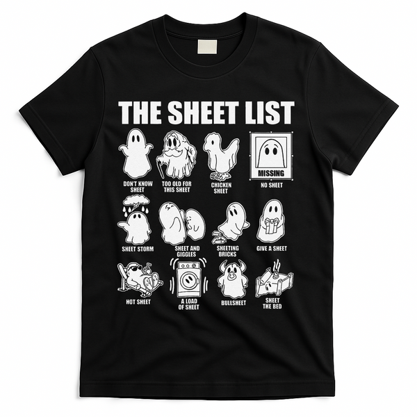 The Sheet List Halloween Funny Boo Sheet Ghost Halloween T-Shirt - Black