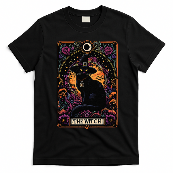 The Witch Cat Tarot Card Halloween Vintage Gothic T-Shirt - Black