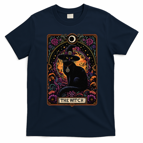 The Witch Cat Tarot Card Halloween Vintage Gothic T-Shirt - Navy Blue