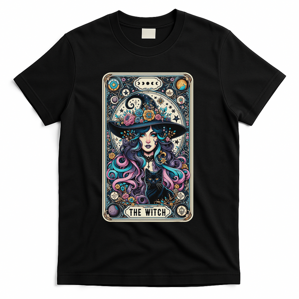 The Witch Cat Tarot Card Witch Vintage Gothic Halloween T-Shirt - Black