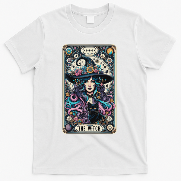 The Witch Cat Tarot Card Witch Vintage Gothic Halloween T-Shirt - White