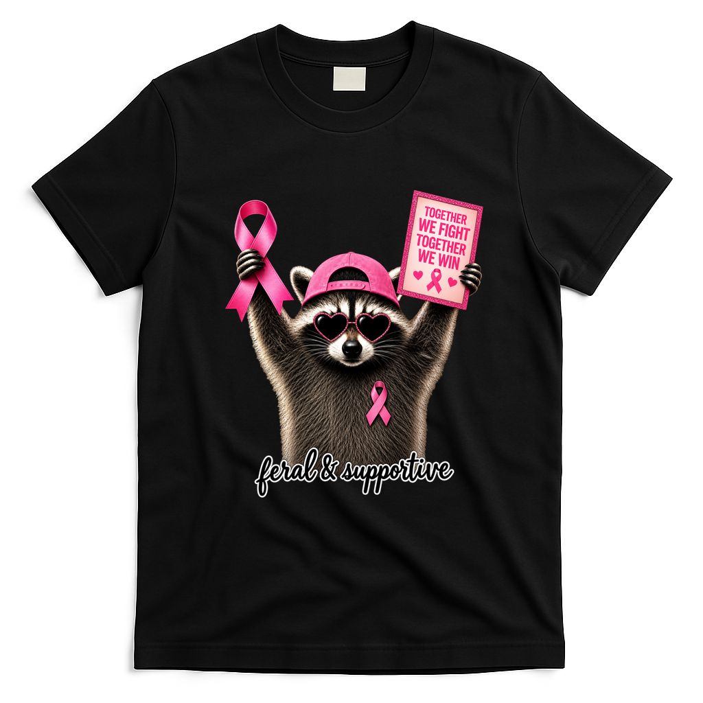 Together We Fight We Win Breast Cancer Raccoon T-Shirt - Black