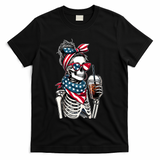 USA America Flag Skeleton Lady Coffee Lover T-Shirt - Black