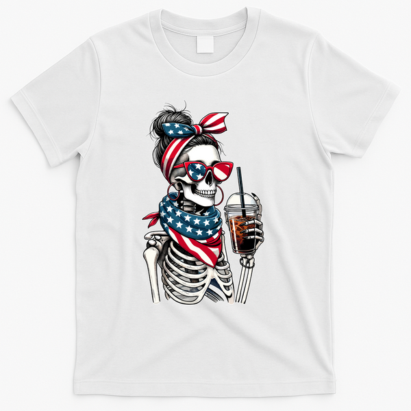 USA America Flag Skeleton Lady Coffee Lover T-Shirt - White