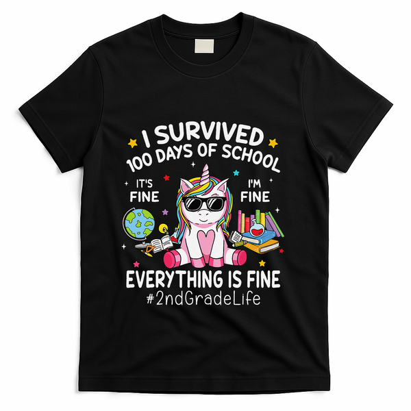 Unicorn I Survived 100 Days Of School Its Fine 2nd Grade T-Shirt - Black