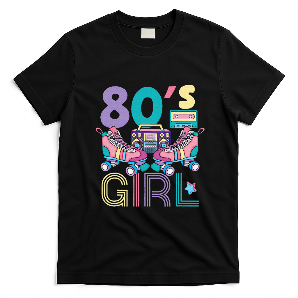 Vibrant 80's Girl Retro Roller Skates Throwback Vibe T-Shirt - Black