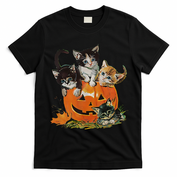 Vintage 90s Cat Pumpkin Halloween Retro Floral Spooky Season Gift T-Shirt - Black