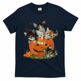 Vintage 90s Cat Pumpkin Halloween Retro Floral Spooky Season Gift T-Shirt - Navy Blue
