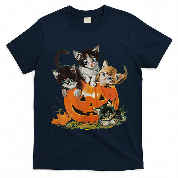 Vintage 90s Cat Pumpkin Halloween Retro Floral Spooky Season Gift T-Shirt - Navy Blue