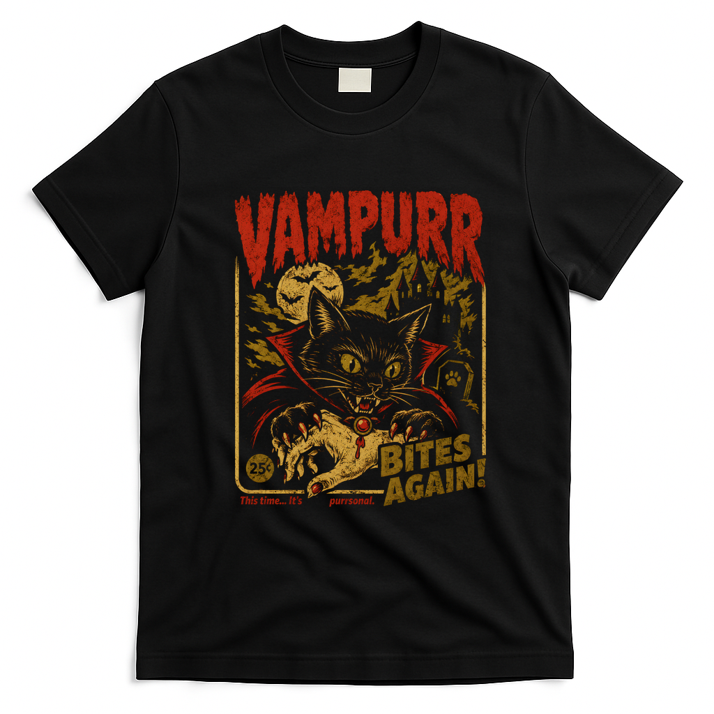 Vampurr Bites Again Halloween Vintage Retro T-Shirt - Black