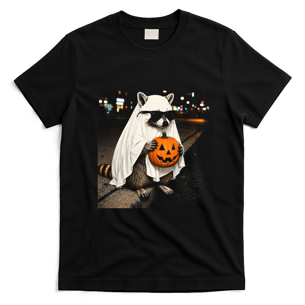 Vintage Cool Raccoon Ghost Costume Pumpkin T-Shirt - Black