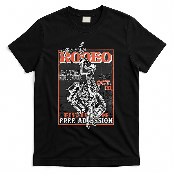 Vintage Funny Western Skeleton Halloween Cowboy Spooky Rodeo T-Shirt - Black