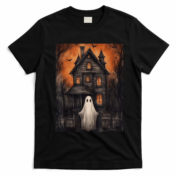 Vintage Ghost Haunted House Halloween Spooky T-Shirt - Black